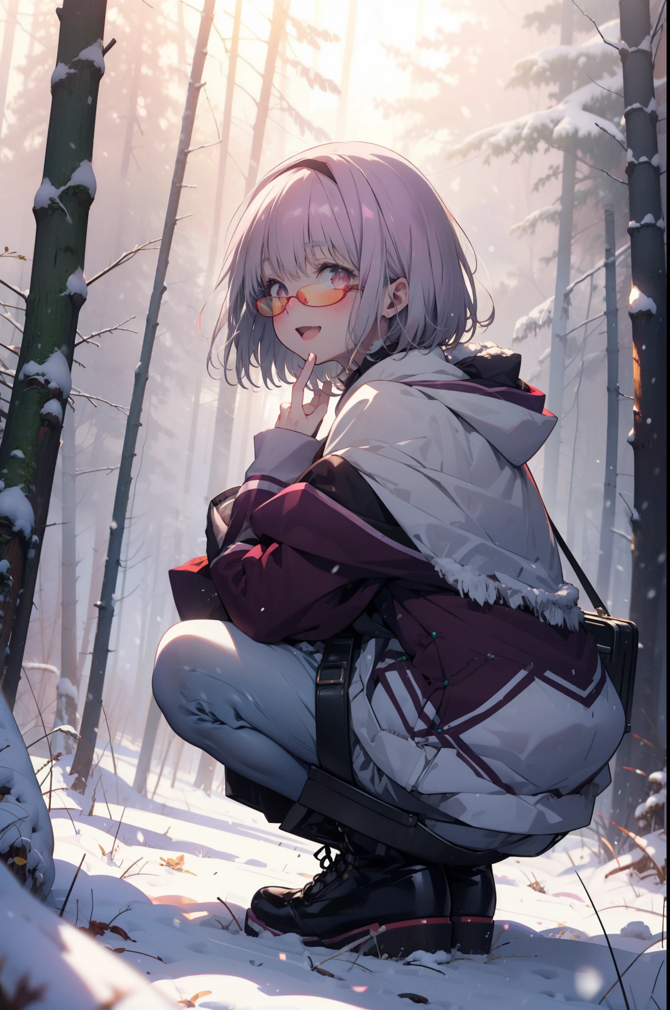 akaneshinjou, shinjou akane, Light purple hair, (Pink Eyes:1.2), short hair,Akagi Glasses,hair band,smile,blush,White Breath,Big Breasts,
Open your mouth,snow,Ground bonfire, Outdoor, boots, snowing, From the side, wood, suitcase, Cape, Blurred, having meal, forest, White handbag, nature, Squat, Mouth closed, Cape, winter, Written boundary depth, Black shoes, red Cape break looking at viewer, Upper Body, whole body, break Outdoor, forest, nature, break (masterpiece:1.2), Highest quality, High resolution, unity 8k wallpaper, (shape:0.8), (Beautiful and beautiful eyes:1.6), Highly detailed face, Perfect lighting, Highly detailed CG, (Perfect hands, Perfect Anatomy),