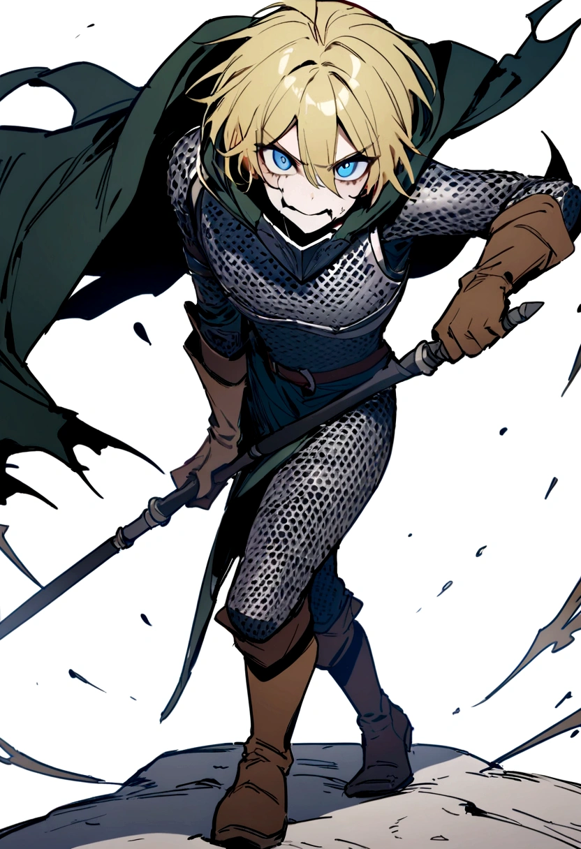 (best quality, masterpiece, (highres), original, extremely detailedshmh,1 man, solo, holding weapon, holding, holding hammer, chainmail armor, gloves, hood, white background, brown gloves, blue eyes, half body, boots, standing, simple background, looking at viewer, blonde hair, cape, scare in face,