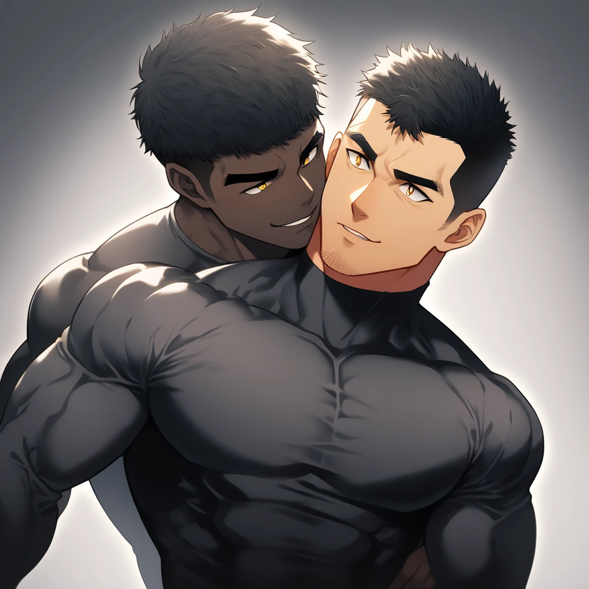 anime characters:Two superheroes in tights, Muscle superhero, negro black skin, They hugged and kissed each other, Bite your neck, Caress, Manliness, male focus, Yellow and black high collar long sleeve tight T-shirt, Slightly transparent material, Very tight, Round, full and perky chest muscles, Muscle waist, Slightly transparent, muscular male, muscular, only, Upper body, alone, Black short hair, Thick eyebrows, stubble, Yellow eyes, Grey background, simple background, amazing quality, best aesthetics, Ridiculous, bright pupils, crew cut, parted lips, seductive smile, torogao, naughty face, drop shadow, best quality