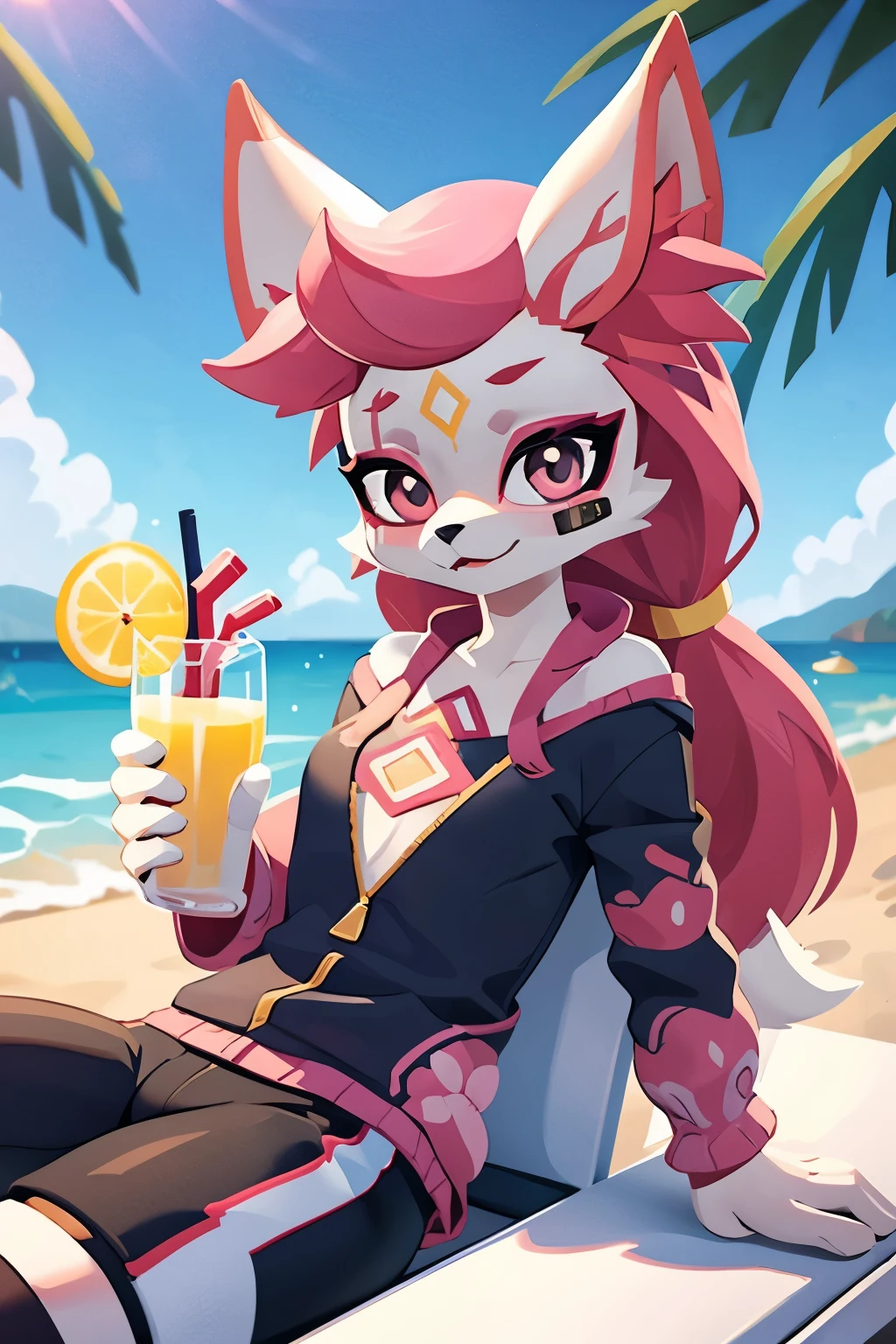 Kimiko, furry female anthro, fox girl, beach, lying on lounger, dressed, ordinary closed clothes, glass of lemonade in hand