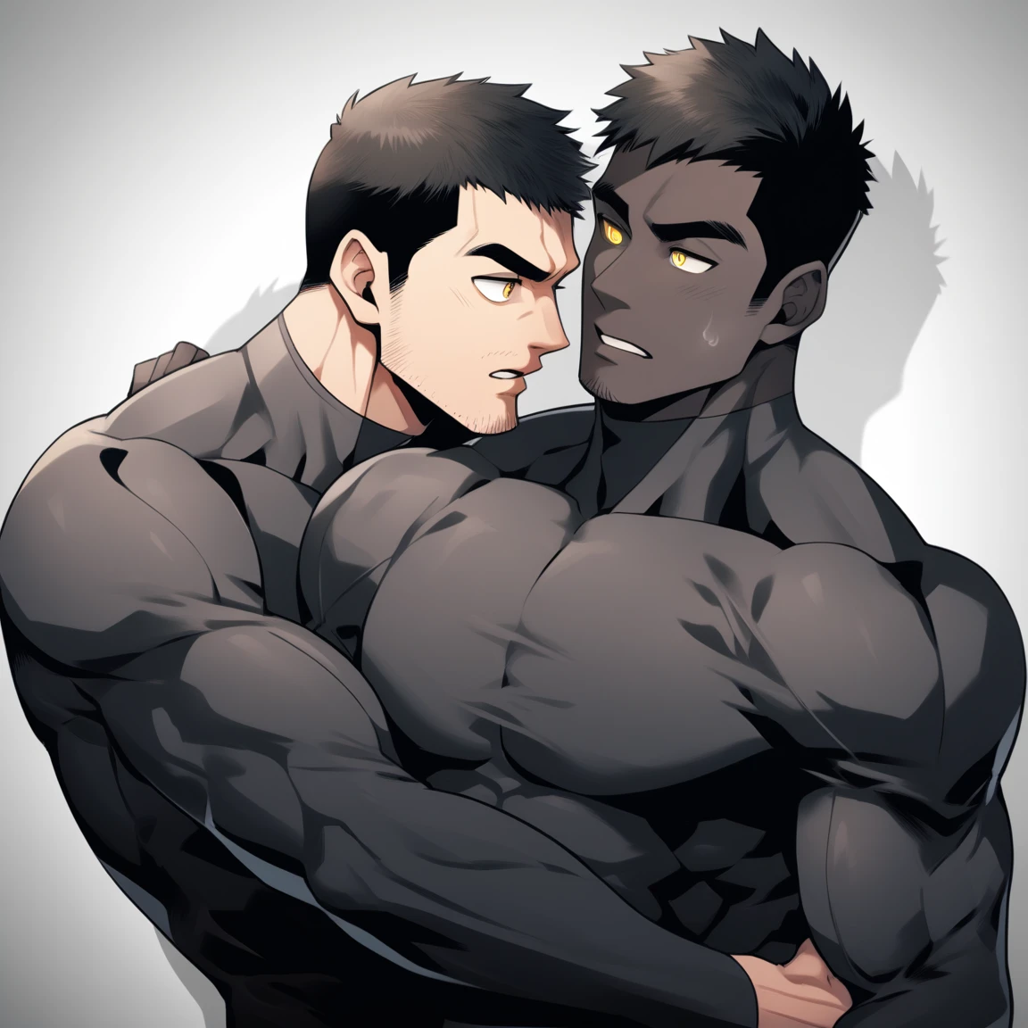 aanime characters:Two superheroes in tights, Muscle superhero, Black Short Hair, negro black skin, They hugged and kissed each other, Bite your neck, Caress, Manliness, male focus, Yellow and black high collar long sleeve tight T-shirt, Slightly transparent material, Very tight, Round, full and perky chest muscles, Muscle waist, Slightly transparent, muscular male, muscular, only, Upper body, alone, Black Short Hair, Thick eyebrows, stubble, Yellow eyes, Grey background, simple background, amazing quality, best aesthetics, Ridiculous, bright pupils, crew cut, parted lips, heavy breathing, pain, horrified, drop shadow, best quality