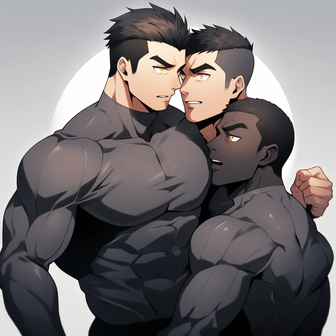 aanime characters:Two superheroes in tights, Muscle superhero, Black Short Hair, negro black skin, They hugged and kissed each other, Bite your neck, Caress, Manliness, male focus, Yellow and black high collar long sleeve tight T-shirt, Slightly transparent material, Very tight, Round, full and perky chest muscles, Muscle waist, Slightly transparent, muscular male, muscular, only, Upper body, alone, Black Short Hair, Thick eyebrows, stubble, Yellow eyes, Grey background, simple background, amazing quality, best aesthetics, Ridiculous, bright pupils, crew cut, parted lips, heavy breathing, pain, horrified, drop shadow, best quality