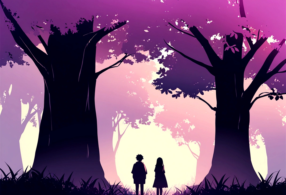 A boy and a girl standing back to back under a tree