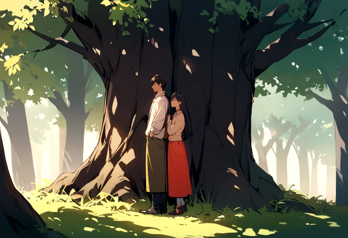 A boy and a girl standing back to back under a tree