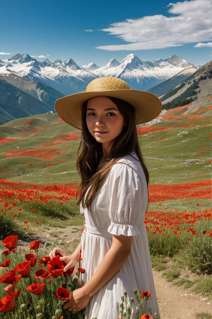 A girl in a straw hat with long hair on a mountainside among red poppies. In the background are mountains with snow-white peaks