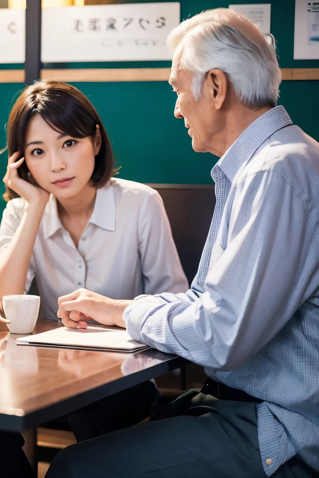 A Japanese office lady is at a cafe with an older man.