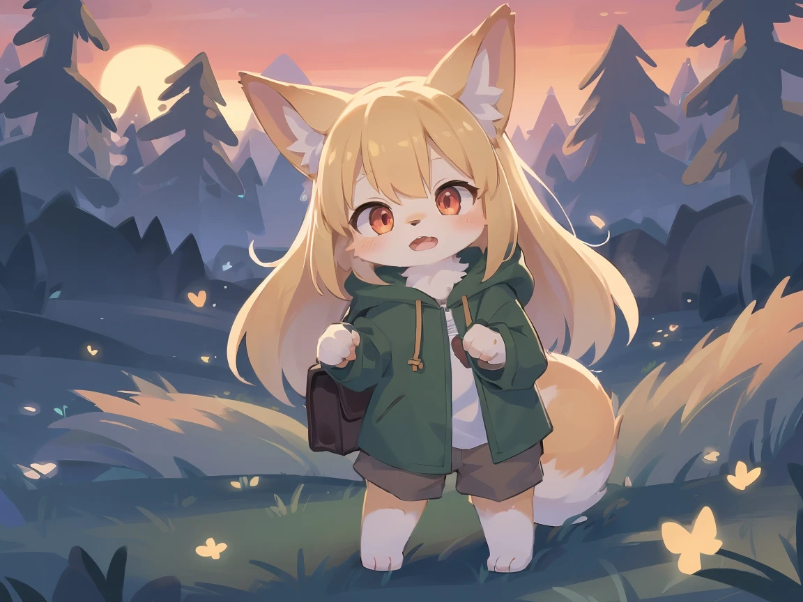 loli the fox, , was hairy, shaggy, skin fur, smooth lashes, golden fur, forelimb hands, straight long blonde hair, solid circle eyes, golden ears, golden fur, golden facial fur, shiny hair, red eyes, super cute face, 1fox tail, fluffy tail, furry tail, glowing eyes, green coat green hood down, brown trousers, open mouth, embarrassed, ambient light, ultra-fine fur, dashed eyes, full body, masterpiece, high quality, high-details, best quality, wide short, (((solo))), twilight, sun light, red sky, rim light