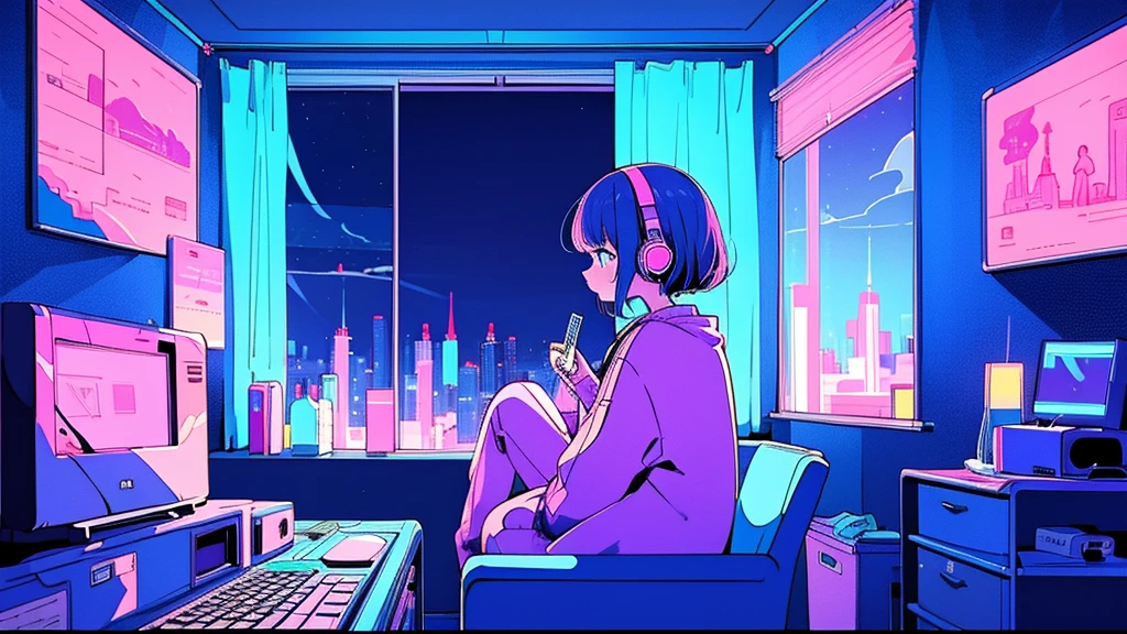 (From the side), Anime girl sitting in front of a computer in a cozy bedroom, Girl listening to music while using computer in cozy room (night), Use headphones, On the roof, (beautiful night views from windows), Lots of things, 2D Anime Style, The aesthetics of anime in the 90s, Lo-Fi, Very detailed, hard disk, A mix of anime style and Fujifilm, Surreal, 8K, masterpiece,(City Pop)