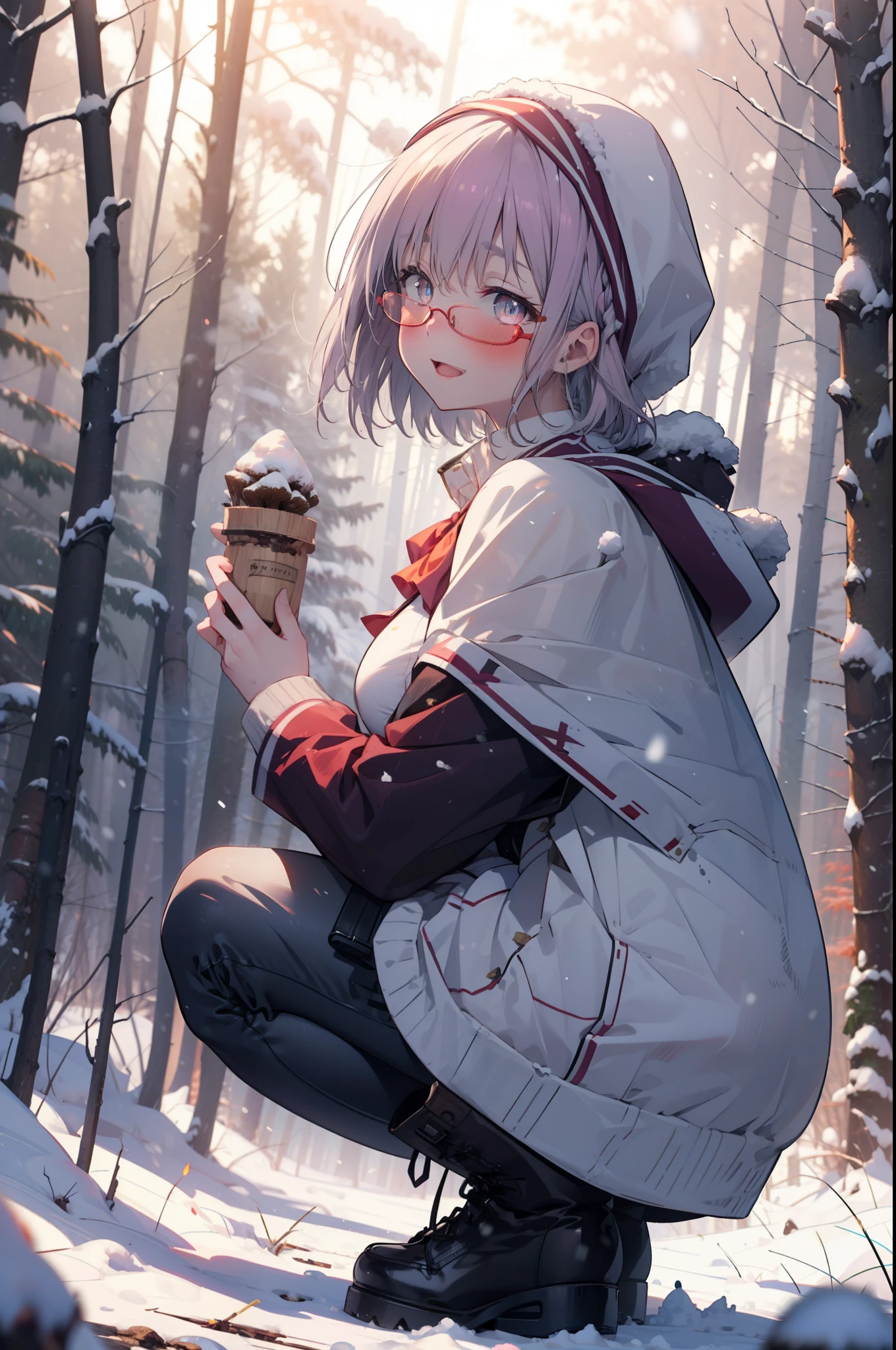 akaneshinjou, shinjou akane, Light purple hair, (Pink Eyes:1.2), short hair,Akagi Glasses,hair band,smile,blush,White Breath,Big Breasts,
Open your mouth,snow,Ground bonfire, Outdoor, boots, snowing, From the side, wood, suitcase, Cape, Blurred, having meal, forest, White handbag, nature, Squat, Mouth closed, Cape, winter, Written boundary depth, Black shoes, red Cape break looking at viewer, Upper Body, whole body, break Outdoor, forest, nature, break (masterpiece:1.2), Highest quality, High resolution, unity 8k wallpaper, (shape:0.8), (Beautiful and beautiful eyes:1.6), Highly detailed face, Perfect lighting, Highly detailed CG, (Perfect hands, Perfect Anatomy),