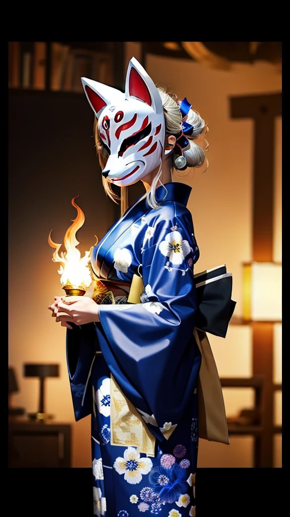 Fox Mask、Silver Hair、Blue kimono、One Girl, Official Art, unity 8k wallpaper, Super detailed, beautifully、aesthetic, masterpiece, highest quality, Realistic, (Abstract background) (zenTangle, Mandala, Tangle, enTangle background:0.7) kitsune, Fox Mask Template, Haori, Foxfire spells, Fox Familiar, conversion, Depth of written boundary, A fantastic atmosphere, The most beautiful form of chaos, elegant, Brutalist design, flowers of death, Flower Ecstasy