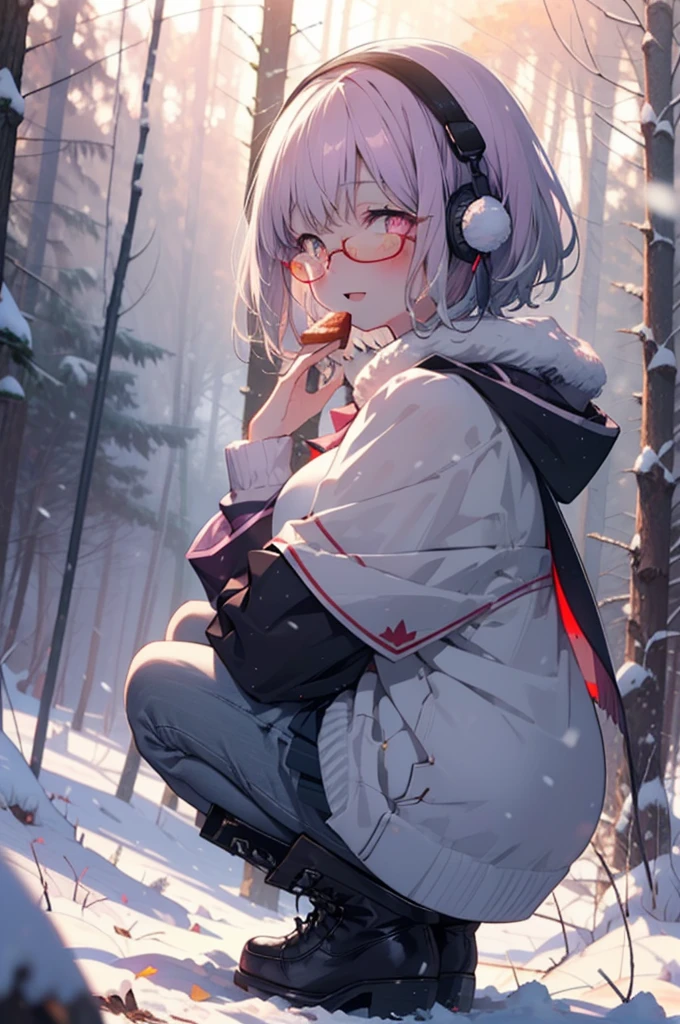 akaneshinjou, shinjou akane, Light purple hair, (Pink Eyes:1.2), short hair,Akagi Glasses,hair band,smile,blush,White Breath,Big Breasts,
Open your mouth,snow,Ground bonfire, Outdoor, boots, snowing, From the side, wood, suitcase, Cape, Blurred, having meal, forest, White handbag, nature,  Squat, Mouth closed, Cape, winter, Written boundary depth, Black shoes, red Cape break looking at viewer, Upper Body, whole body, break Outdoor, forest, nature, break (masterpiece:1.2), Highest quality, High resolution, unity 8k wallpaper, (shape:0.8), (Beautiful and beautiful eyes:1.6), Highly detailed face, Perfect lighting, Highly detailed CG, (Perfect hands, Perfect Anatomy),