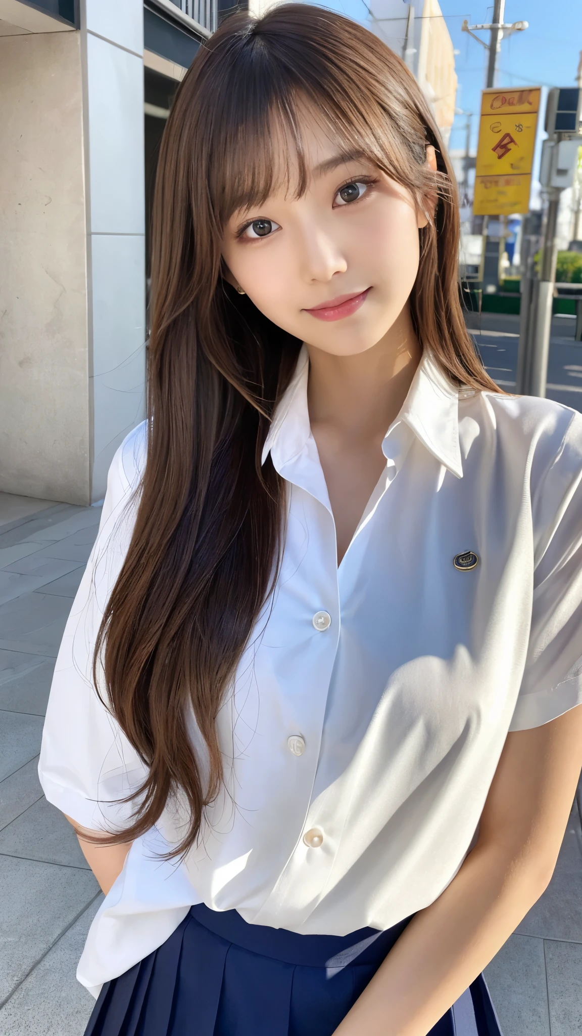 (Detailed skin:1.2),(Shiny skin:1.1),8K,Highest quality, masterpiece, Ultra-high resolution,(Realistic:1.4), RAW Photos,(Soft saturation:1.3),(Fair skin:1.2),Japanese Idols,repair,20 years, Light brown hair, (Shore Surf:1.2)、(Long Hairstyles:1.2), Asymmetrical Hair, Asymmetrical bangs (Pretty face:1.4), (Large Breasts, Tight waist), Beautiful lighting, Small Head, (Student Uniform:1.2,),Highly detailed face, Highly detailed lips, fine grain, double eyelid,(Full Body Shot), Browsing Caution, (Sharp focus: 1.2), (Perfect Anatomy、Beautiful woman with perfect figure: 1.2)、Random sexy poses,Accentuate your leg lines、Smiling