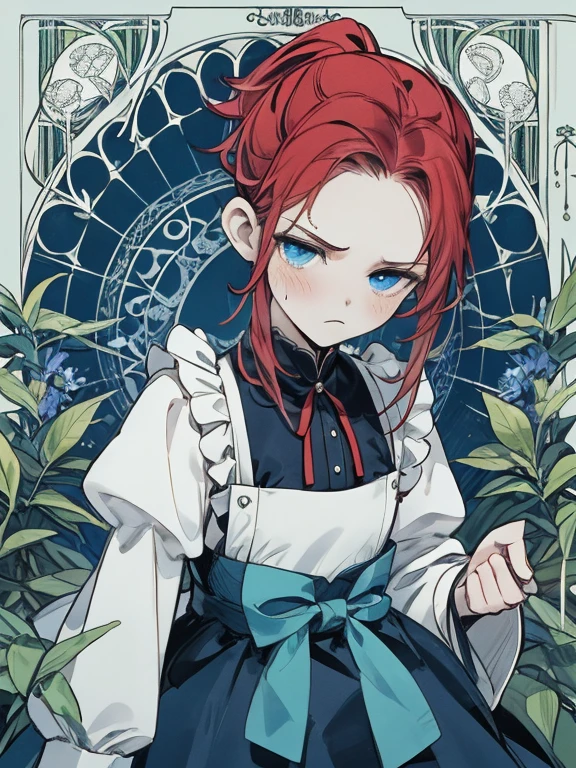 masterpiece, Highest quality, Very detailed, 16K, Ultra-high resolution, Cowboy Shot, Alice in Wonderland, (art nouveau:1.4), -yeld gi Detailed face, freckles, (frown:1.5), blue eyes, Red hair, Braiding, Long Hair, ponytail, Ribbon on head, Blue clothes, Plain white apron, 大きなclockのある部屋で, clock, 壁clock, Music Box