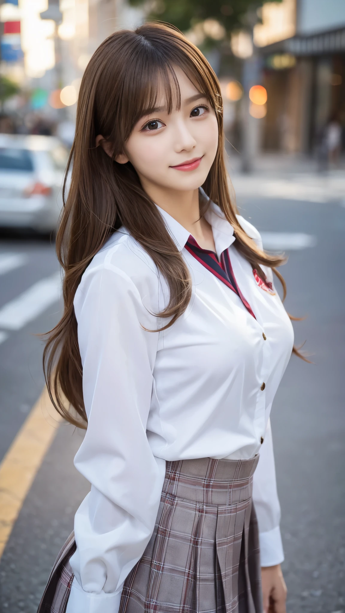 (Detailed skin:1.2),(Shiny skin:1.1),8K,Highest quality, masterpiece, Ultra-high resolution,(Realistic:1.4), RAW Photos,(Soft saturation:1.3),(Fair skin:1.2),Japanese Idols,repair,20 years, Light brown hair, （Shore Surf:1.2)、（Long Hairstyles:1.2), Asymmetrical Hair, Asymmetrical bangs (Pretty face:1.4), (Large Breasts, Tight waist), Beautiful lighting, Small Head, (Student Uniform:1.2,),Highly detailed face, Highly detailed lips, fine grain, double eyelid,（Full Body Shot）, Browsing Caution, （Sharp focus: 1.2）, （Perfect Anatomy、Beautiful woman with perfect figure: 1.2）、Random sexy poses，Accentuate your leg lines、Smiling