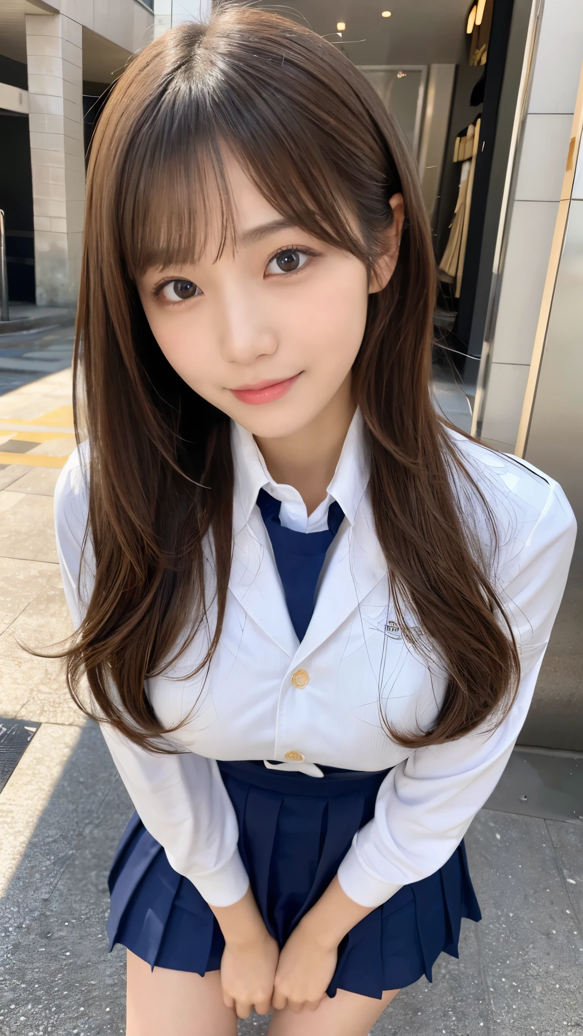 (Detailed skin:1.2),(Shiny skin:1.1),8K,Highest quality, masterpiece, Ultra-high resolution,(Realistic:1.4), RAW Photos,(Soft saturation:1.3),(Fair skin:1.2),Japanese Idols,repair,20 years, Light brown hair, (Shore Surf:1.2)、(Long Hairstyles:1.2), Asymmetrical Hair, Asymmetrical bangs (Pretty face:1.4), (Large Breasts, Tight waist), Beautiful lighting, Small Head, (Student Uniform:1.2,),Highly detailed face, Highly detailed lips, fine grain, double eyelid,(Full Body Shot), Browsing Caution, (Sharp focus: 1.2), (Perfect Anatomy、Beautiful woman with perfect figure: 1.2)、Random sexy poses,Accentuate your leg lines、Smiling