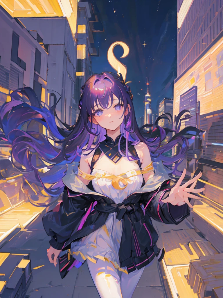 (1girl), masterpiece, photorealistic, 8k, (realistic: 1.2), full body, looking at viewer, pantyhose, purple hair, (kafka: 1.2), walking, beauty, (medium breasts: 1.2) night, starry night, zorb, cityscape (dramatic: 1.2)