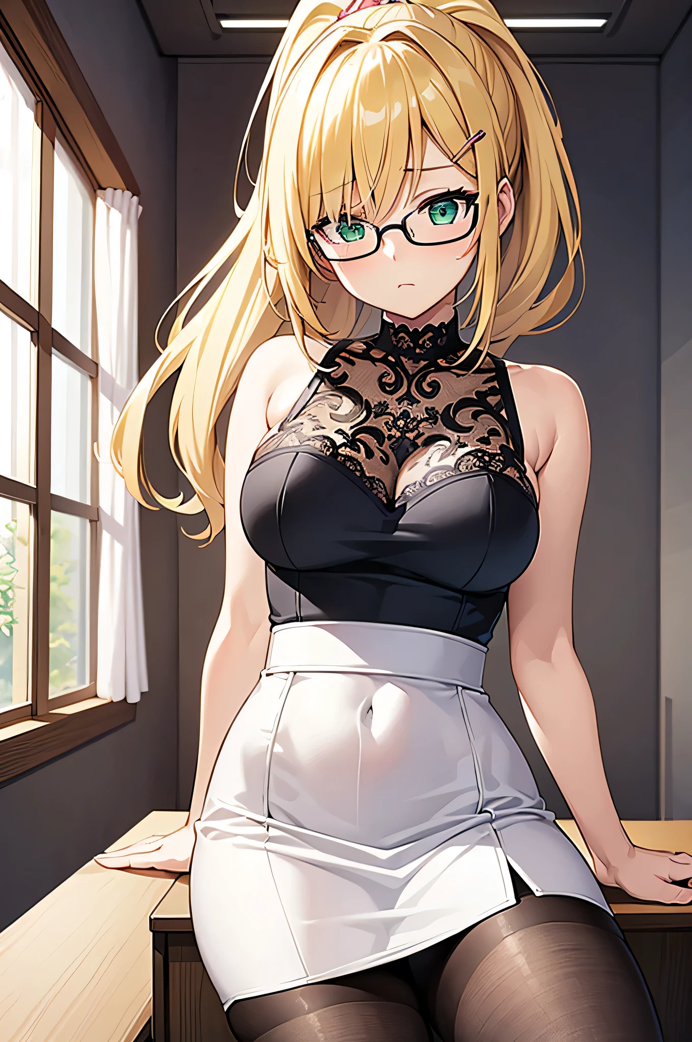 Masterpiece, top quality, best quality, official art, beautiful and aesthetic, anime, 1girl,extremely detailed, colorful, more detailed ((ultra-detailed)), (highly detailed CG illustration),1girl, blonde hair,glasses, hair ornament, bare shoulders, closed mouth, green eyes, ponytail, hairclip, hair over one eye,secretary, in office, desks, windows, white blouse, unbutton blouse,showing bra, pencil skirt, stockings, in middle of office, front photo.