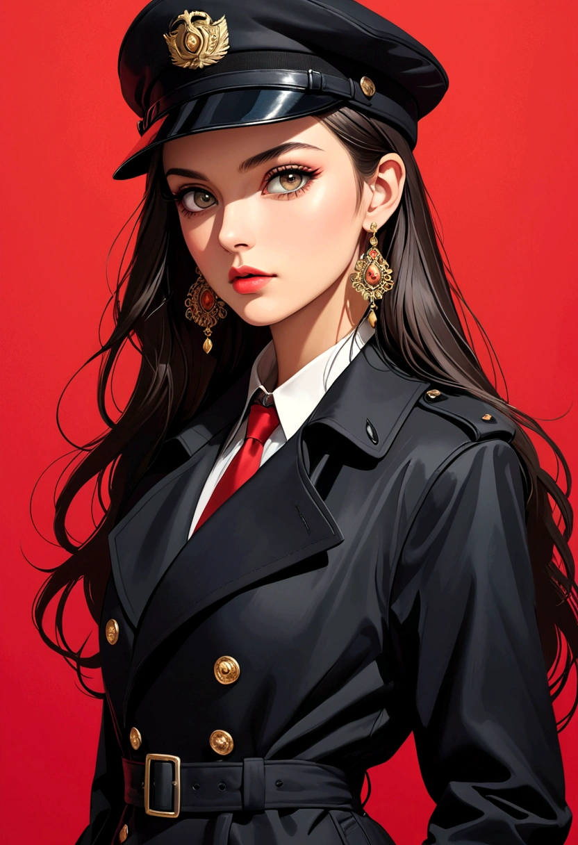 (masterpiece，high quality，8K).beautiful girl，Skin details，Bright Eyes，Straight long hair，Peaked Cap，Exaggerated earrings，Unique，Staring at the audience），（Black trench coat suit：1.37）。Light and Shadow，Clean and simple red background