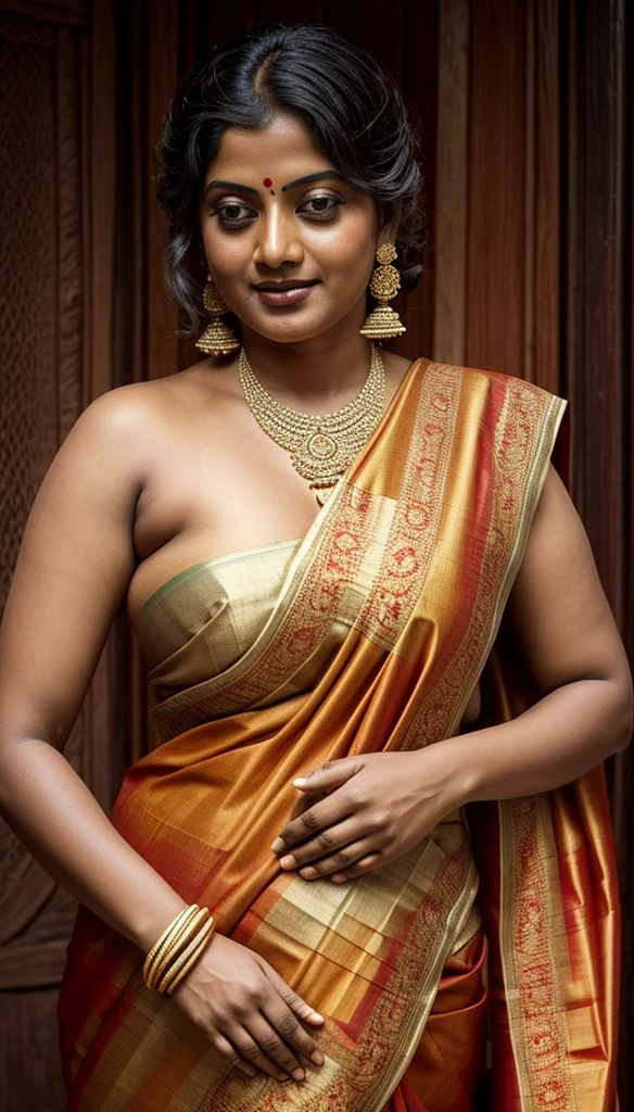 An Extremely gorgeous and beautiful Bengali village woman, 45 yo, pale white skin, sensual appealing body, perfect thick and chubby Beauty, wearing saree bare-chested, curvy, sexy navel folds, fleshy figure, Bengali village style saree, wearing a Bengali-style saree without a blouse,, ethnic vintage bengali village woman, bengali style saree, The sari was worn without a blouse and petticoat before the British Raj, baring one's chest or being blouseless, simple village ornaments, Bengalis a.k.a. Bongs are known for their unique Bengali fashion sense (the way they don that sari makes you go wow), Pre British Raj, Pre colonial era, Bengali Woman draping sari without blouse is a normal thing in pre British Era, bong woman, fine Art photography, artistic photography, sensually appealing, aesthetic, sensual, spicy hot, sensational, ethnic traditional beauty, skin pores, skin texture, veins, sweat,