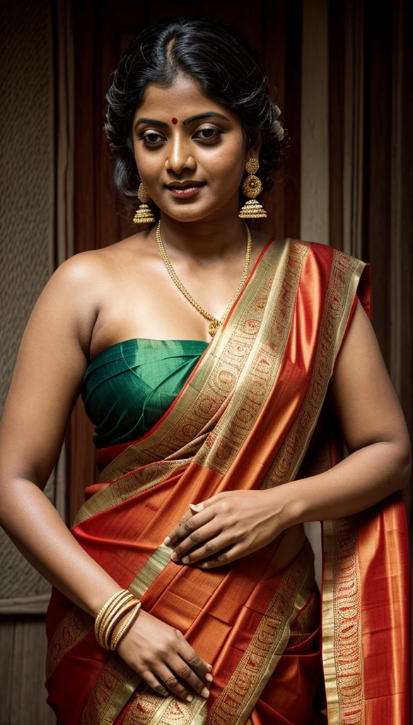 An Extremely gorgeous and beautiful Bengali village woman, 45 yo, pale white skin, sensual appealing body, perfect thick and chubby Beauty, wearing saree bare-chested, curvy, sexy navel folds, fleshy figure, Bengali village style saree, wearing a Bengali-style saree without a blouse,, ethnic vintage bengali village woman, bengali style saree, The sari was worn without a blouse and petticoat before the British Raj, baring one's chest or being blouseless, simple village ornaments, Bengalis a.k.a. Bongs are known for their unique Bengali fashion sense (the way they don that sari makes you go wow), Pre British Raj, Pre colonial era, Bengali Woman draping sari without blouse is a normal thing in pre British Era, bong woman, fine Art photography, artistic photography, sensually appealing, aesthetic, sensual, spicy hot, sensational, ethnic traditional beauty, skin pores, skin texture, veins, sweat,