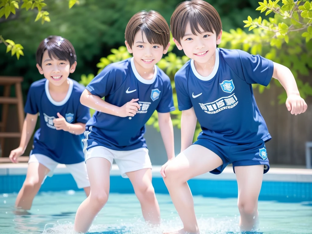夏休みのprimary school校、Pool、primary school5Grade、Japan Boy、Glowing water splashes、A good boy dripping with water、hot day、Two Boys、Various poses、Short sleeve gym uniform、Blue shorts、physical education、barefoot,(Boy 1.4)、Boys only 、(10Age 1.4)