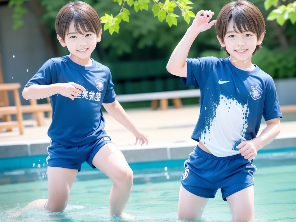 夏休みのprimary school校、Pool、primary school５Grade、Japan Boy、Glowing water splashes、A good boy dripping with water、hot day、Two Boys、Various poses、Short sleeve gym uniform、Blue shorts、physical education、barefoot，（Boy 1.4）、Boys only 、(１０Age 1.４)