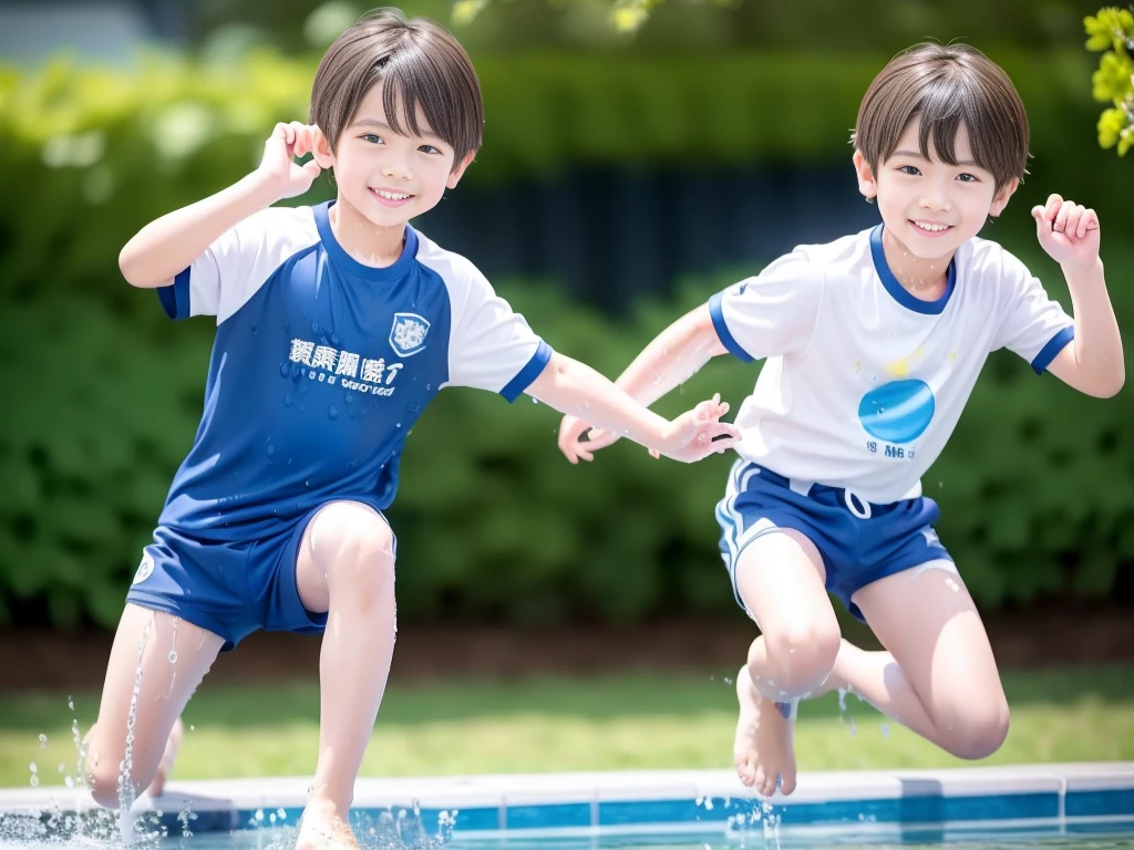 夏休みのprimary school校、Pool、primary school５Grade、Japan Boy、Glowing water splashes、A good boy dripping with water、hot day、Two Boys、Various poses、Short sleeve gym uniform、Blue shorts、physical education、barefoot，（Boy 1.4）、Boys only 、(１０Age 1.４)