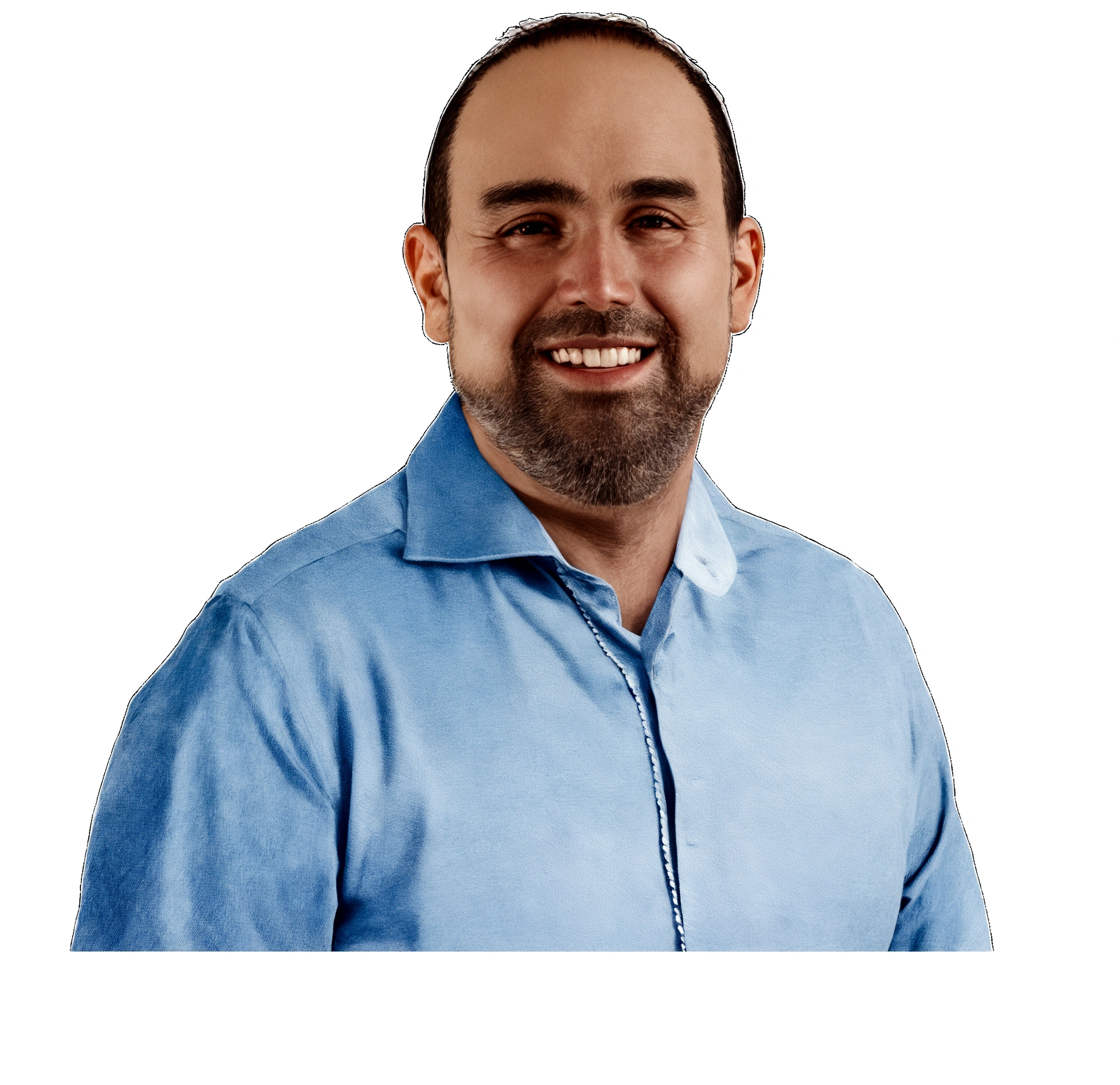 smiling man in blue shirt with white collar and white beard, half bald