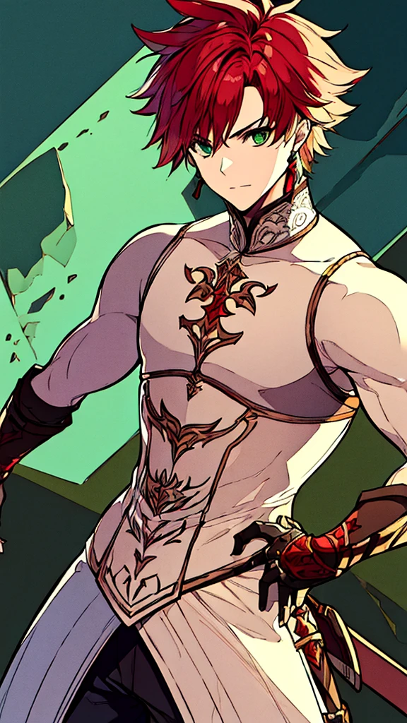 masterpiece,best quality,painting of a man,((highlander, intricate outfit, thong, Goldfish Orange theme)),lonely look,well-built ripped man,big hair,Platinum hair,short back and sides,Bright Blue eyes,tall,temperate desert,intricate background,dynamic pose,action scene
