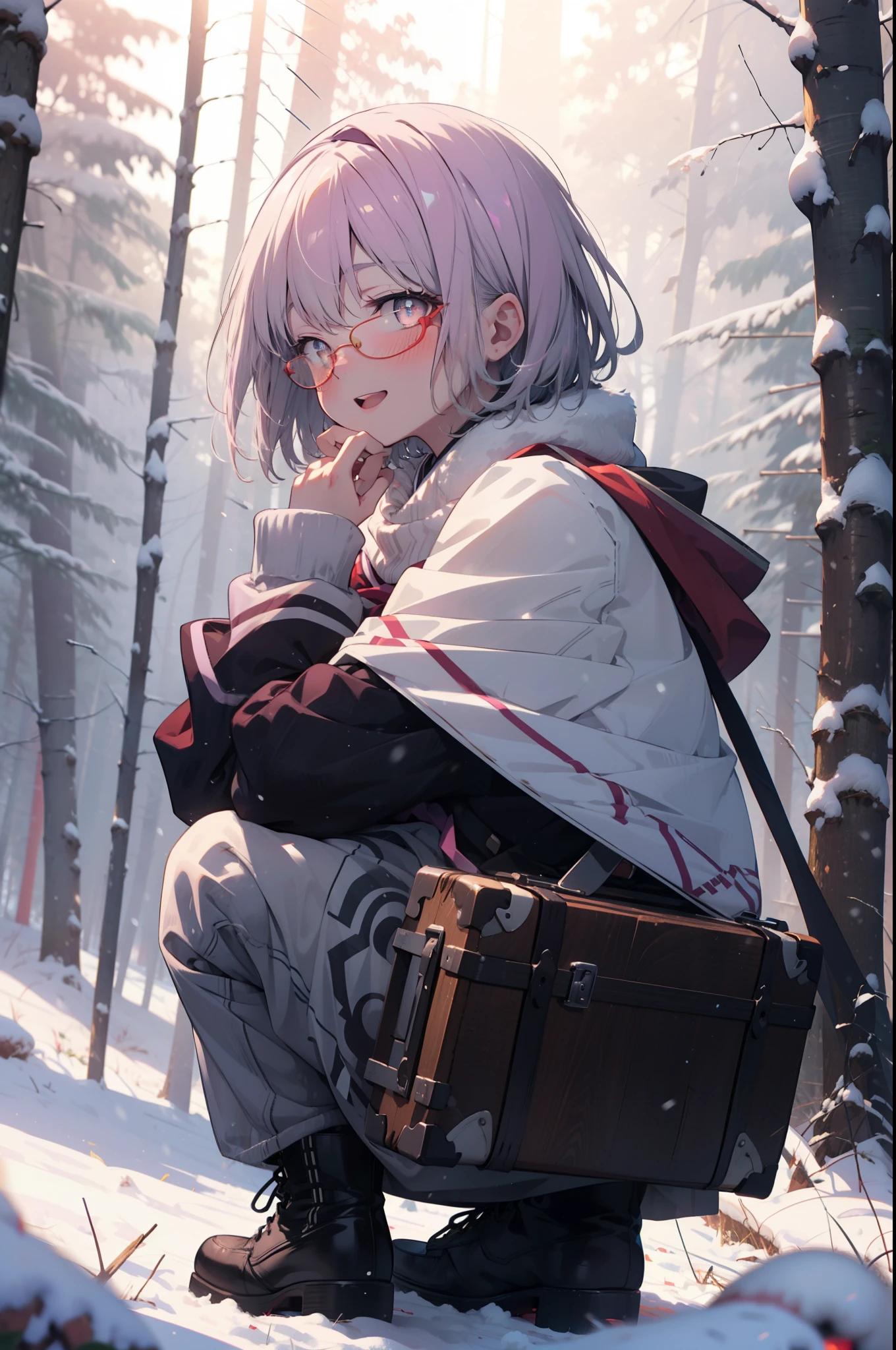 akaneshinjou, shinjou akane, Light purple hair, (Pink Eyes:1.2), short hair,Akagi Glasses,hair band,smile,blush,White Breath,Big Breasts,
Open your mouth,snow,Ground bonfire, Outdoor, boots, snowing, From the side, wood, suitcase, Cape, Blurred, having meal, forest, White handbag, nature, Squat, Mouth closed, Cape, winter, Written boundary depth, Black shoes, red Cape break looking at viewer, Upper Body, whole body, break Outdoor, forest, nature, break (masterpiece:1.2), Highest quality, High resolution, unity 8k wallpaper, (shape:0.8), (Beautiful and beautiful eyes:1.6), Highly detailed face, Perfect lighting, Highly detailed CG, (Perfect hands, Perfect ???????),