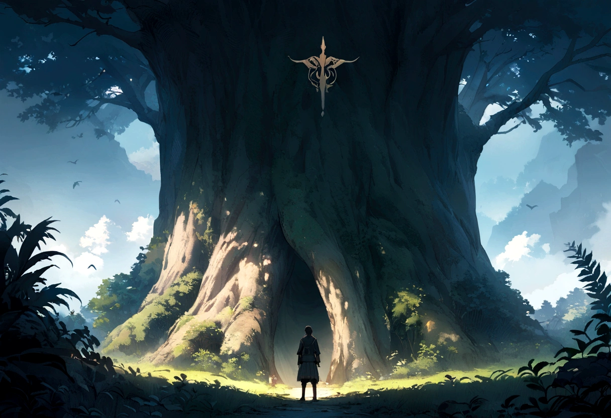 Game Cover,A boy and a girl standing back to back under a tree