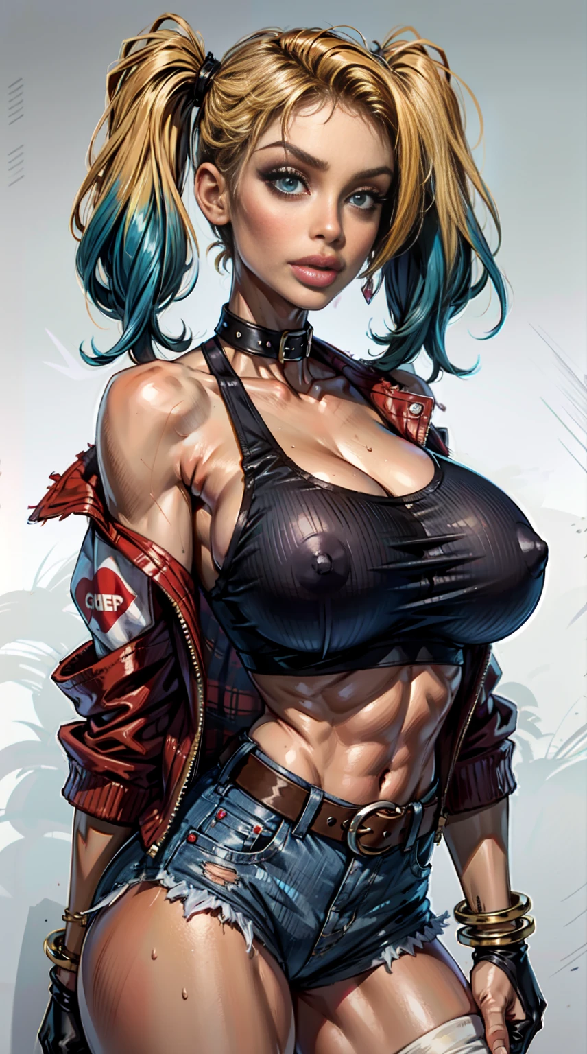 best quality,masterpiece,HDR,UHD,8K,masterpiece,Highly detailed,1girl,short hair,(upper body:1.1),detailed face,simple background,dress,medium size breasts,bare shoulders,girl,solo,blonde hair,twintails,jacket,short shorts,pantyhose,torn pantyhose,crop top,torn clothes,blood,clothes writing,makeup,blue eyes,eyeshadow,blue hair,midriff,navel,gloves,fishnets,multicolored clothes,belt,bracelet,spiked bracelet,multicolored hair,collar,graffiti, huge gigantic , big juicy lips, Harley Quinn white face make up,