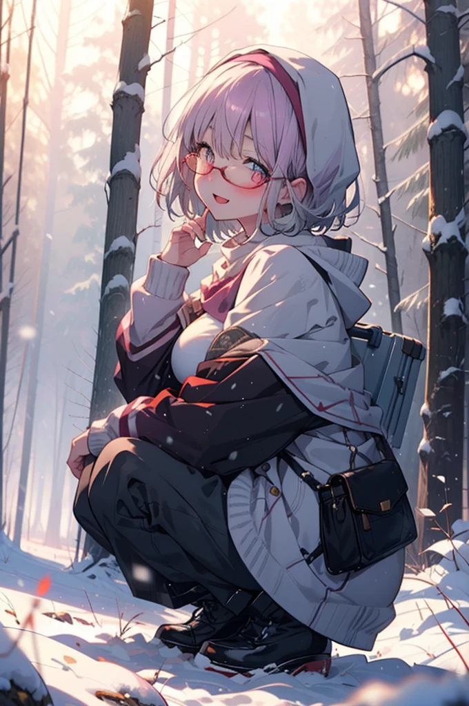 akaneshinjou, shinjou akane, Light purple hair, (Pink Eyes:1.2), short hair,Akagi Glasses,hair band,smile,blush,White Breath,Big Breasts,
Open your mouth,snow,Ground bonfire, Outdoor, boots, snowing, From the side, wood, suitcase, Cape, Blurred, having meal, forest, White handbag, nature,  Squat, Mouth closed, Cape, winter, Written boundary depth, Black shoes, red Cape break looking at viewer, Upper Body, whole body, break Outdoor, forest, nature, break (masterpiece:1.2), Highest quality, High resolution, unity 8k wallpaper, (shape:0.8), (Beautiful and beautiful eyes:1.6), Highly detailed face, Perfect lighting, Highly detailed CG, (Perfect hands, Perfect Anatomy),