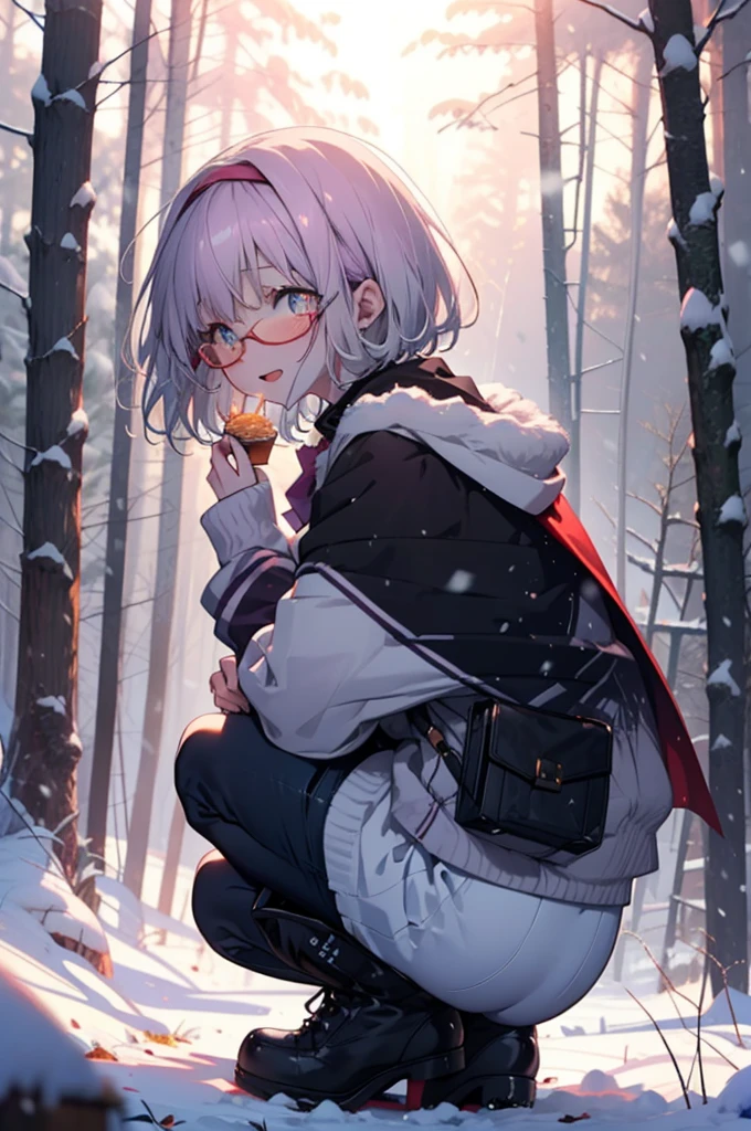 akaneshinjou, shinjou akane, Light purple hair, (Pink Eyes:1.2), short hair,Akagi Glasses,hair band,smile,blush,White Breath,Big Breasts,
Open your mouth,snow,Ground bonfire, Outdoor, boots, snowing, From the side, wood, suitcase, Cape, Blurred, having meal, forest, White handbag, nature,  Squat, Mouth closed, Cape, winter, Written boundary depth, Black shoes, red Cape break looking at viewer, Upper Body, whole body, break Outdoor, forest, nature, break (masterpiece:1.2), Highest quality, High resolution, unity 8k wallpaper, (shape:0.8), (Beautiful and beautiful eyes:1.6), Highly detailed face, Perfect lighting, Highly detailed CG, (Perfect hands, Perfect Anatomy),