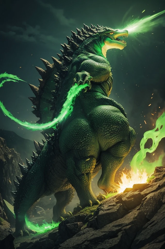 A Godzilla-like dragon breathing green fire out of its butt