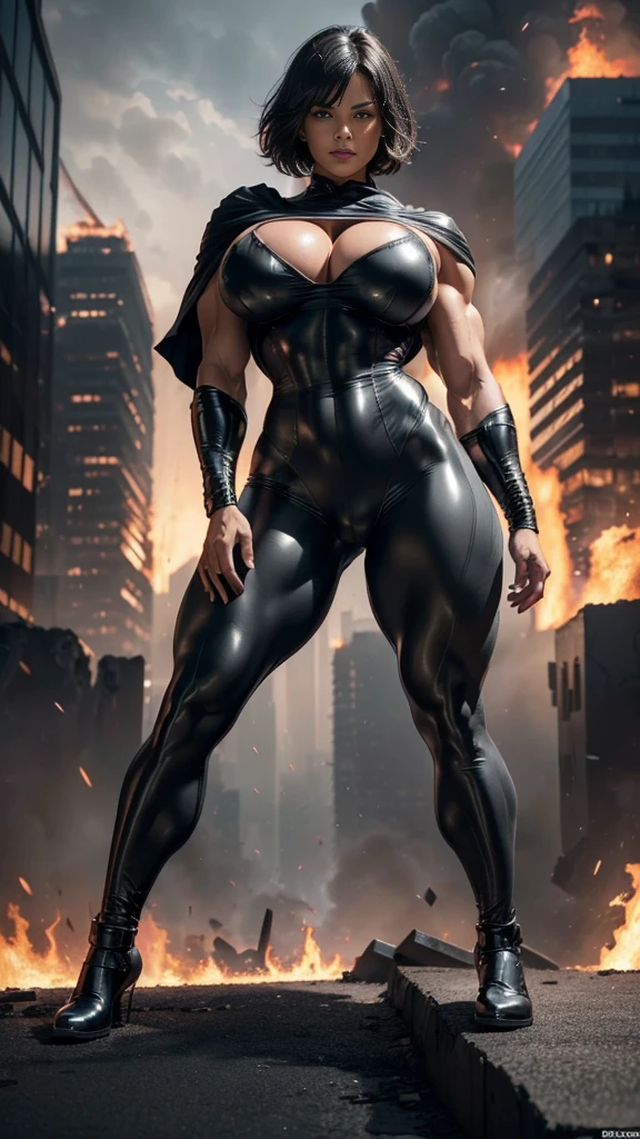 (Busty muscular brute cute Astria, huge strong biceps volume, huge firm breasts volume, enormous tits volume, strong tonned exposed abs, muscular strong legs, bodybuilder muscles bursting in strength, exposed abs skin, city destruction fire background, tight grey latex suit, black underwear on top of grey suit, black cape, short black haircut