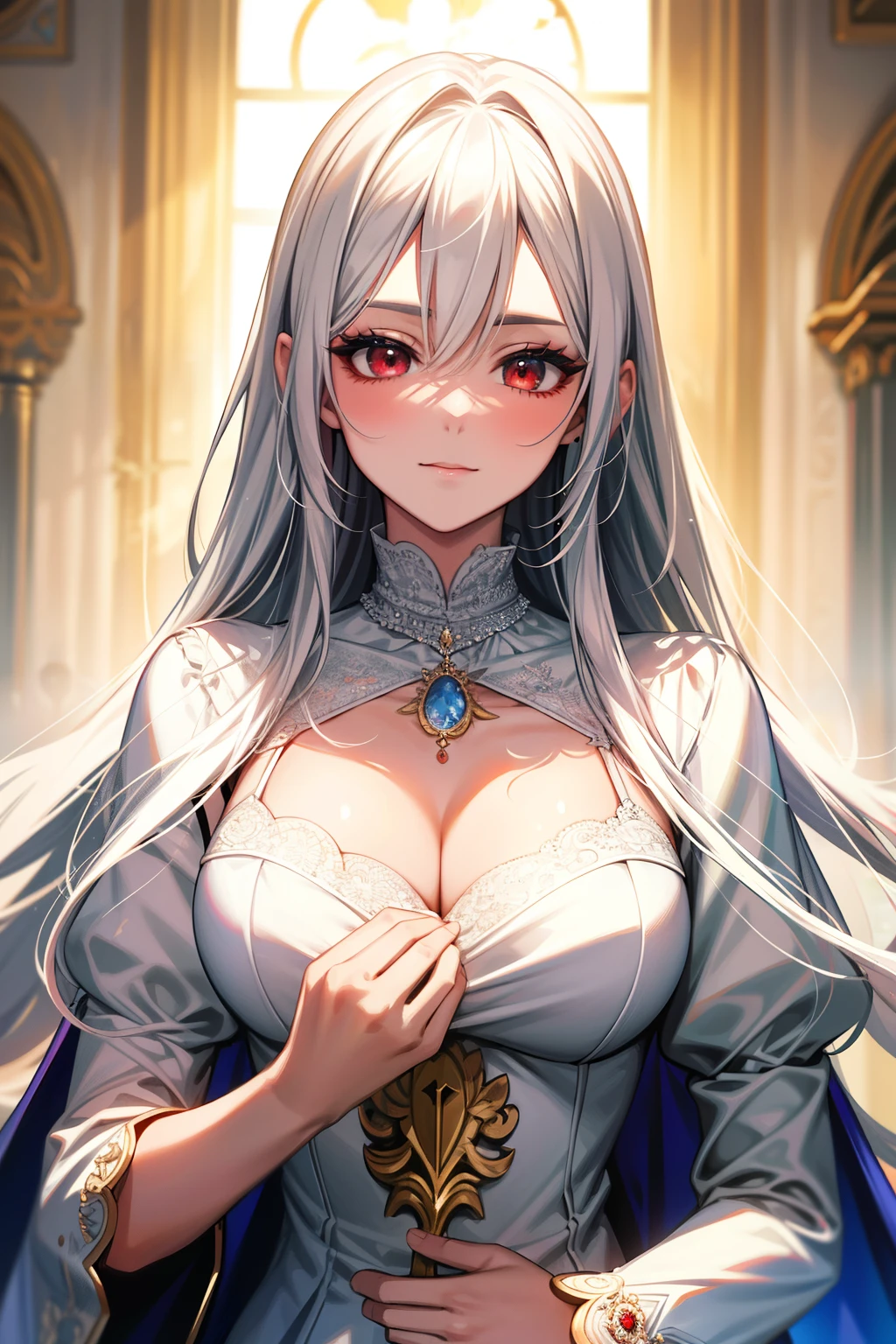 (best quality:1.1), (Masterpiece:1.2), lady, Shiny white hair, red eyes, long hair, ใบหน้าbeautiful, luxary dress, Big breasts, beautiful, collarbone, open chest, Bright face, Royal high, hall background, ริมฝีปากอมชมพู, เครื่องประดับหรูหรา ((Highest quality, Best Performance, Maximum details, Light and shadow details:1.2, 4k details))
