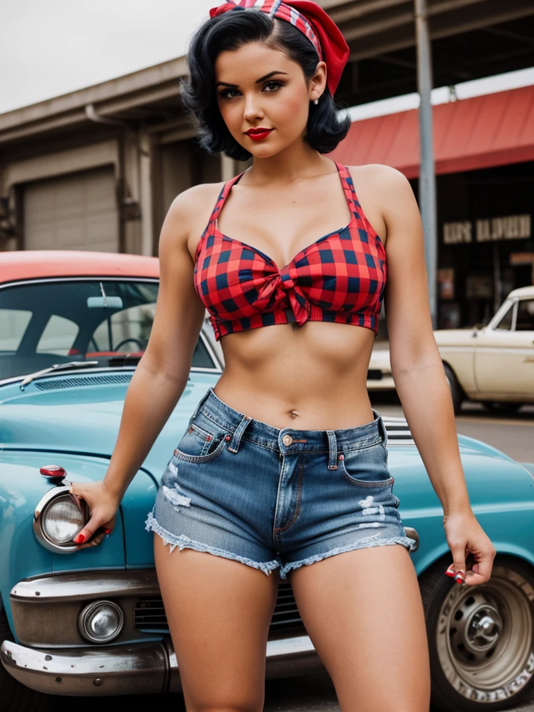 35mm photo A pin-up Car repair master young brutal emotion woman with short dark hair in pinup style, wearing a red checkered crop top and blue jeans shorts and holding a wrench red pinup bandana on a head She leaned on the car on a street