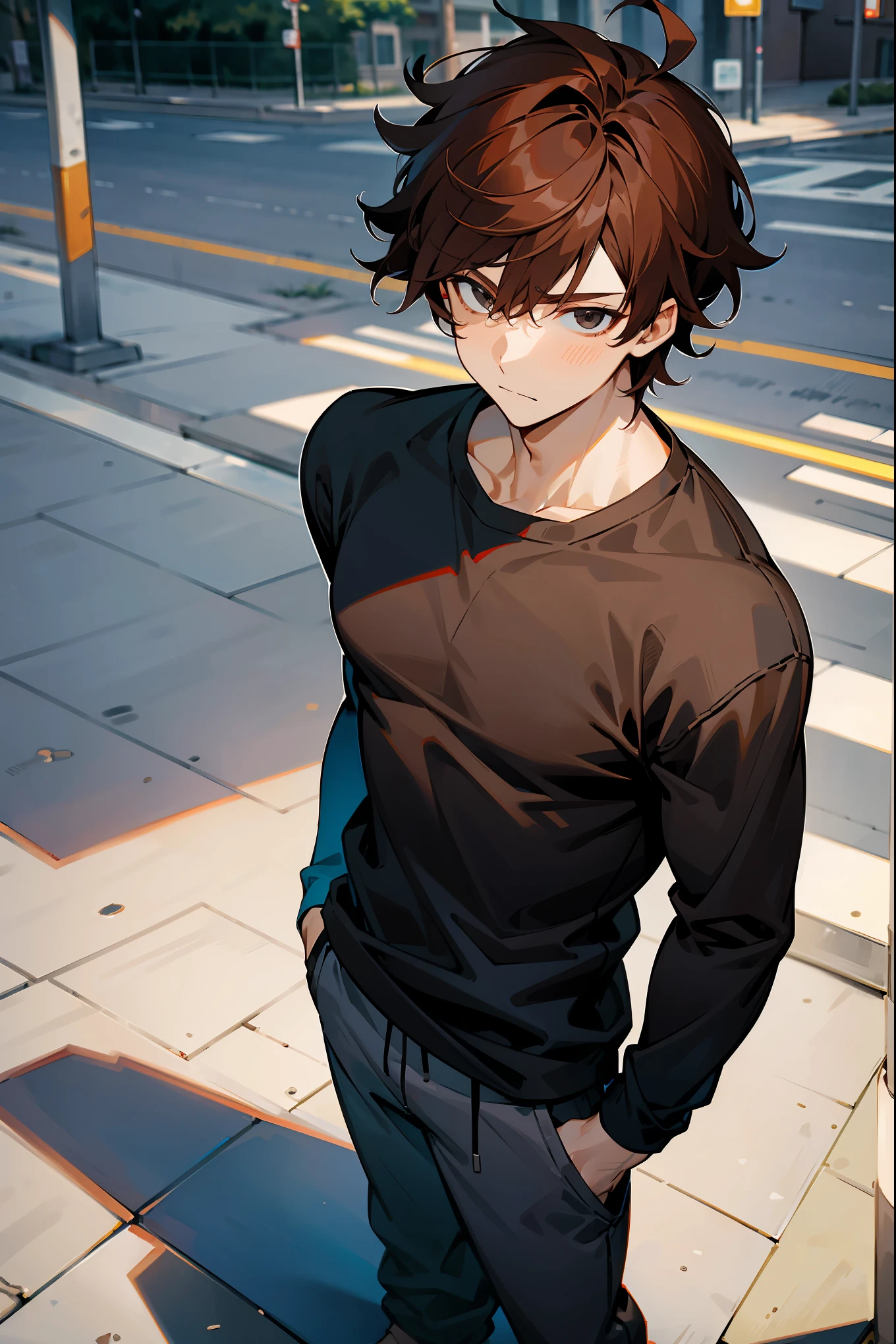 1male ,Reddish Brown Hair , Black Eyes , Messy Hair , Muscular , Longsleeve Blue T-Shirt , Grey Sweatpants , Standing on sidewalk , Calm Expression , Young Male , Perfect Generation
