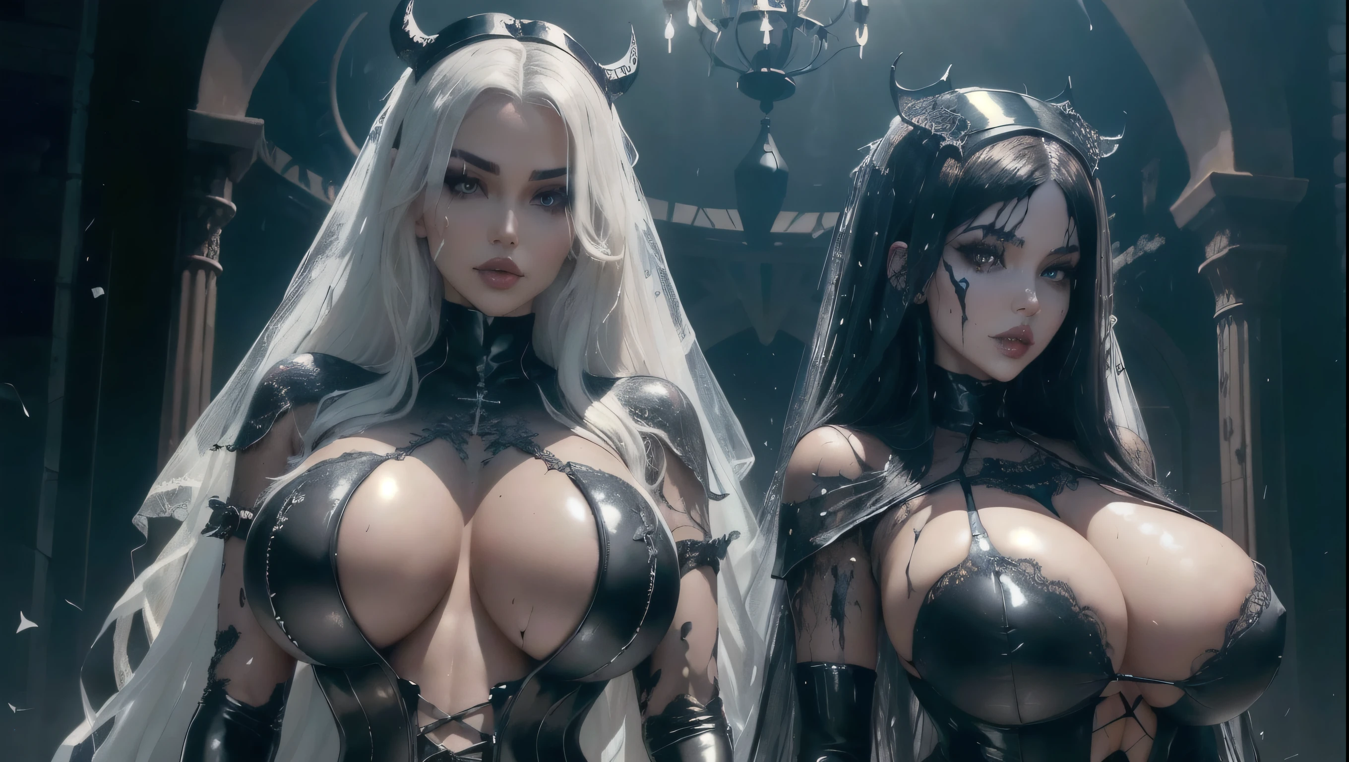 ((best quality)), ((masterpiece)), (detailed), perfect faces, (((Big ))), ((((sharp image)))), two hot young busty girls, black lava outfit, stocking, (((beautyful faces))), (( long length hair)), ((detailed eyes)), lightning in the background, ((dark castle in the background, ((lace thigh fix), (((the clothes melt off her))), (((black paint splattered on it))), (flying dragon in a background), black damaged corsets, ((clothes were torn in several places))), latex lingerie, (nun costumes), venom, black dark venom, ((black lacy brassiere)), perfect detailed , (detailed eyes), ((photographed from front)) latex,  pose,  , long white hair, detailed eyes, good anatomys, big , (((two person))),  on focus