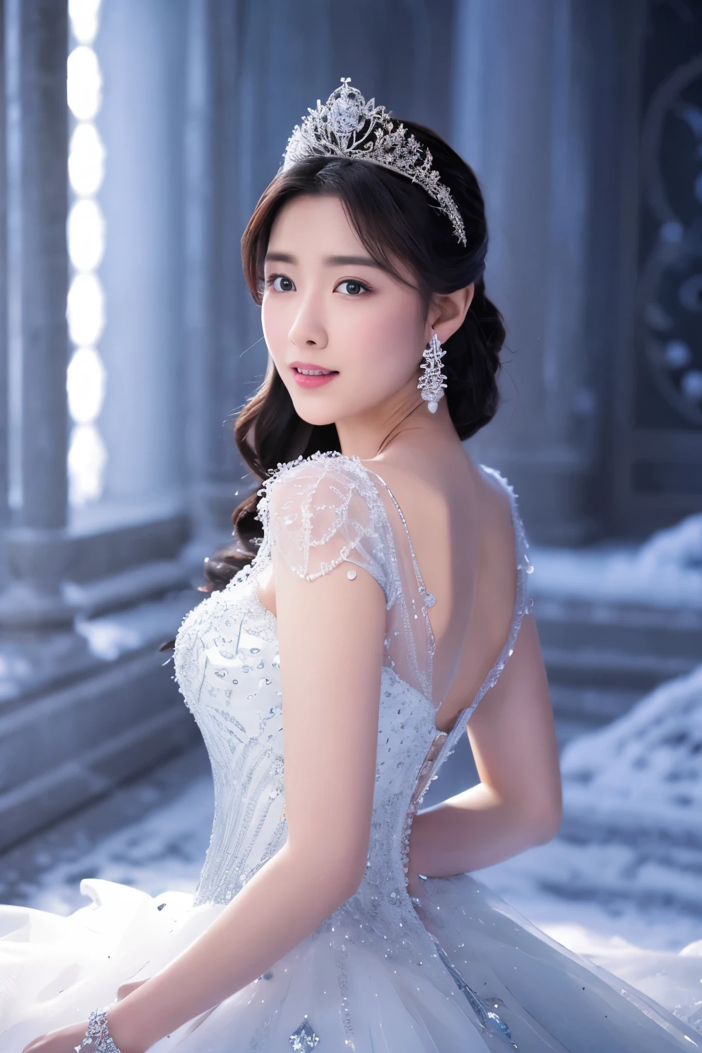 Create a high-quality, hyper-realistic illustration of a snow princess inside the most luxurious palace made of intricately shining transparent ice. The scene should be in 8k resolution, featuring a detailed ice palace with elegant pillars and a beautiful ice ceiling. The composition is symmetrical, filled with fantastic light blue light and sacred, mysterious elements. The snow princess has glowing skin as white as snow, beautiful silver light blue hair, and is wearing a glittering silver-white jeweled dress of the highest quality, adorned with elegant decorations and jewelry embellishments. She is standing, and the photo captures her upper body with a blurred background of a detailed, realistic ice palace. Snow is gently falling around her, and she is surrounded by a fantastic soft light, with amazing movie lighting effects creating a magical atmosphere.