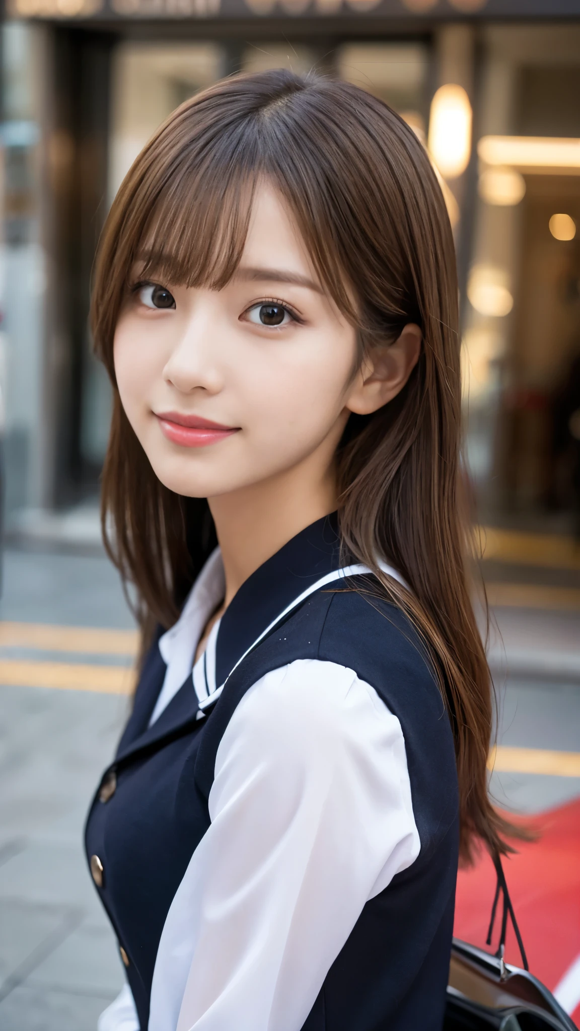 (Detailed skin:1.2),(Shiny skin:1.1),8K,Highest quality, masterpiece, Ultra-high resolution,(Realistic:1.4), RAW Photos,(Soft saturation:1.3),(Fair skin:1.2),Japanese Idols,repair,20 years, Light brown hair, （Shore Surf:1.2)、（Long Hairstyles:1.2), Asymmetrical Hair, Asymmetrical bangs (Pretty face:1.4), (Large Breasts, Tight waist), Beautiful lighting, Small Head, (Student Uniform:1.2,),Highly detailed face, Highly detailed lips, fine grain, double eyelid,（Full Body Shot）, Browsing Caution, （Sharp focus: 1.2）, （Perfect Anatomy、Beautiful woman with perfect figure: 1.2）、Random sexy poses，Accentuate your leg lines、Smiling
