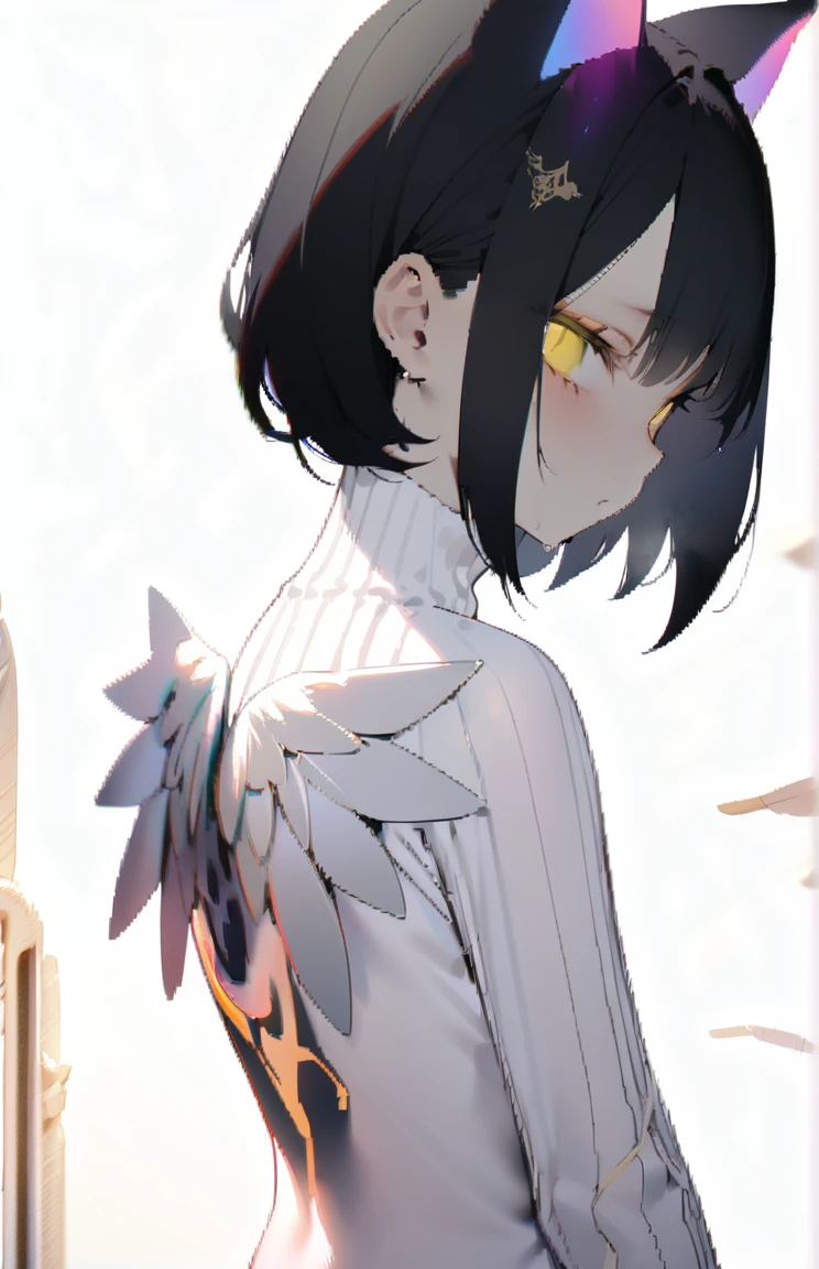 1 female、alone,medium hair、((black hair)),((yellow eyes))、cat ears,white feathers on the back, Angel、white turtleneck sweater、From the side、looking viewer、turn to the side、closed mouth,、beautiful skin、small face、Remains、highest quality、masterpiece、very detailed、malicious flow、