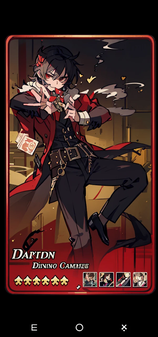 Young man, wavy fur, 20s clothing, scene from the 20s, Smoking a cigar, with cards in hands, cacino