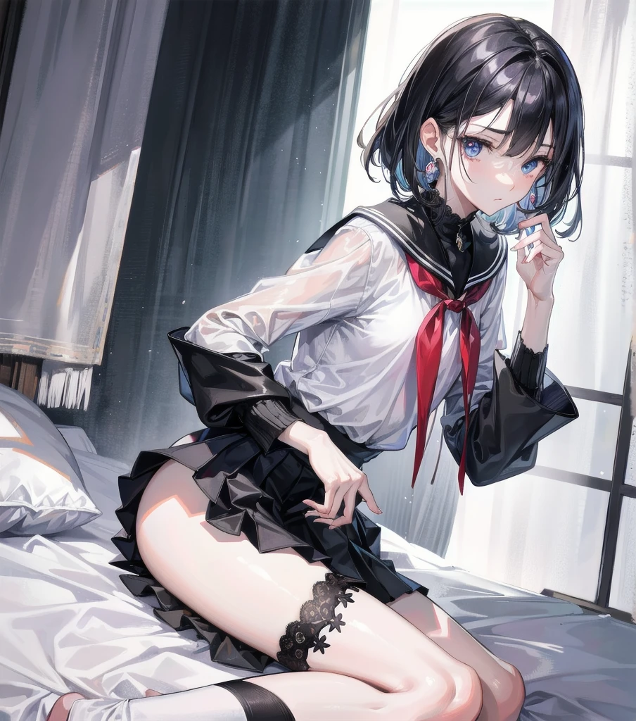 absurdres, RAW photo, extremely delicate and beautiful, masterpiece, Best Quality, ultra high resolution, 32k, hyperrealistic, ultra-detailed, perfect anatomy, super Detailed skin, perfect figure, Japanese woman, late 20s, very Slim body, narrow waist, very small head, handsome detailed woman, very detailed eyes and face, realistic face proportions, Stunning detailed eyes, Realistic beautiful face, very small face, Realistic small beautiful eyes, tearful mole, earring, beautiful and very thin legs, beautiful and very thin thighs, very huge round breasts, medium hair, black hair, full body shot, ((school_uniform)),