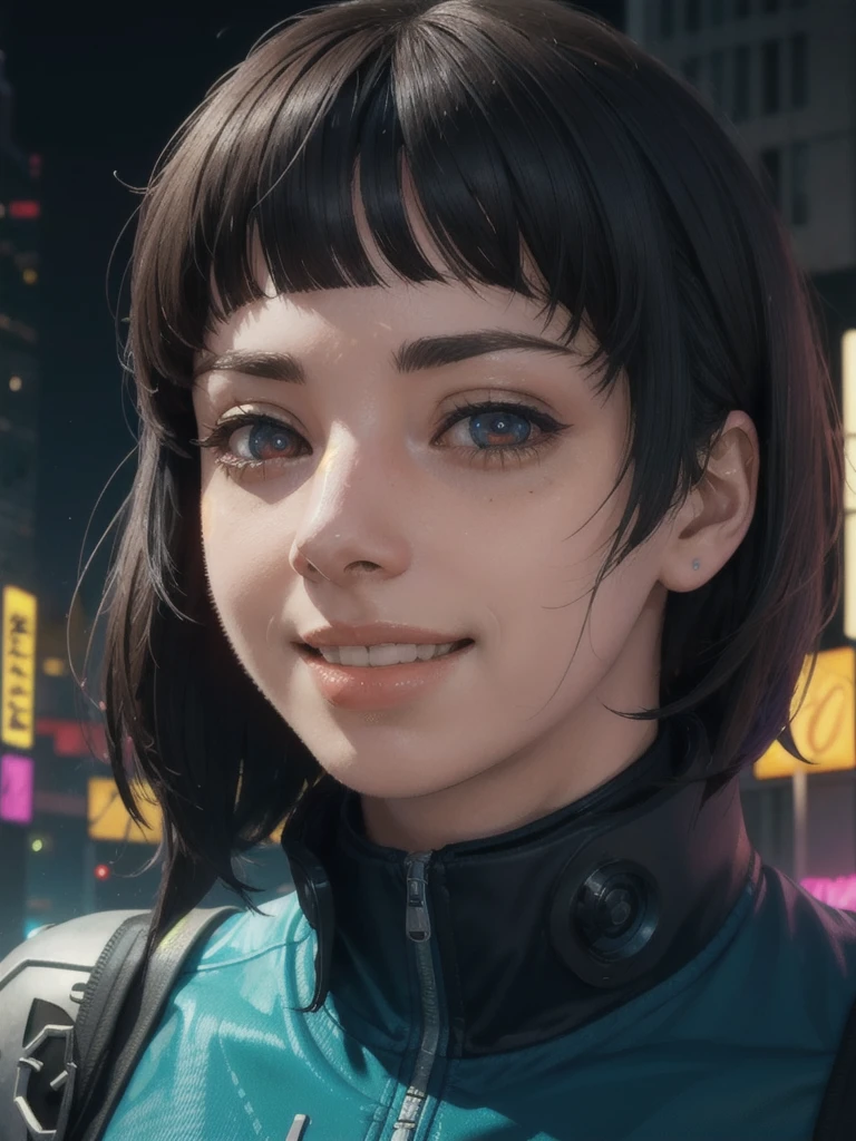 looking at viewer, (portrait, close up:1.2), smiling at viewer, parted lips,
spherehunter, 1girl, lips, short black hair, blunt end bangs, brown eyes, glowing cybereyes, cybernetic implants,
high collar yellow jacket, cyberpunk, detailed cybernetics, 
outside, night time, neon lighting, future, city, 
realism, ultra-realistic, hot volumetric lighting, subsurface scattering,  picturesque,
