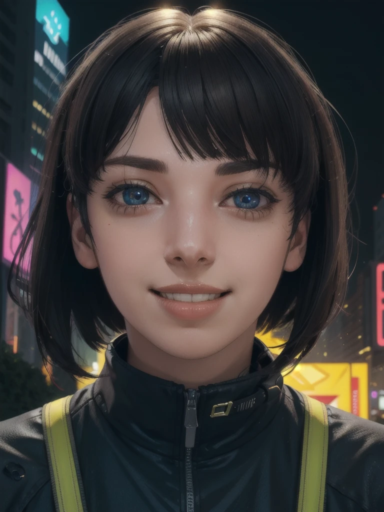 looking at viewer, (portrait, close up:1.2), smiling at viewer, parted lips,
spherehunter, 1girl, lips, short black hair, blunt end bangs, brown eyes, glowing cybereyes, cybernetic implants,
high collar yellow jacket, cyberpunk, detailed cybernetics, 
outside, night time, neon lighting, future, city, 
realism, ultra-realistic, hot volumetric lighting, subsurface scattering,  picturesque,
