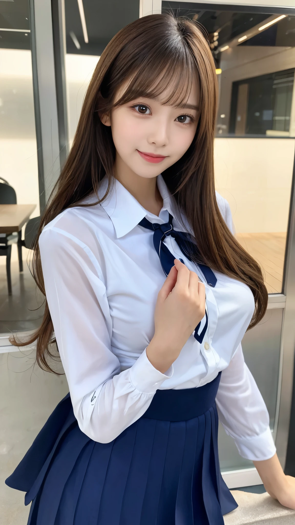 (Detailed skin:1.2),(Shiny skin:1.1),8K,Highest quality, masterpiece, Ultra-high resolution,(Realistic:1.4), RAW Photos,(Soft saturation:1.3),(Fair skin:1.2),Japanese Idols,repair,20 years, Light brown hair, （Shore Surf:1.2)、（Long Hairstyles:1.2), Asymmetrical Hair, Asymmetrical bangs (Pretty face:1.4), (Large Breasts, Tight waist), Beautiful lighting, Small Head, (Student Uniform:1.2,),Highly detailed face, Highly detailed lips, fine grain, double eyelid,（Full Body Shot）, Browsing Caution, （Sharp focus: 1.2）, （Perfect Anatomy、Beautiful woman with perfect figure: 1.2）、Random sexy poses，Accentuate your leg lines、Smiling