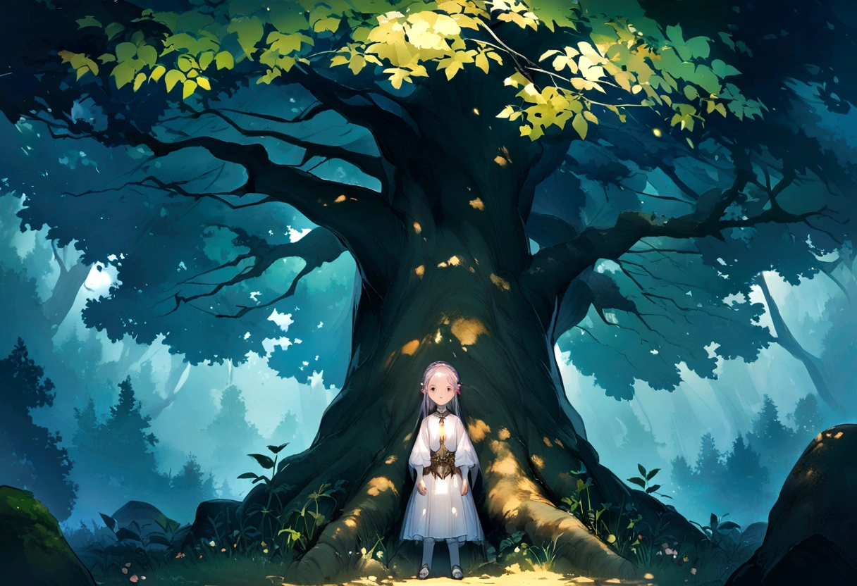 Game Cover,A boy and a little girl standing back to back under a tree
