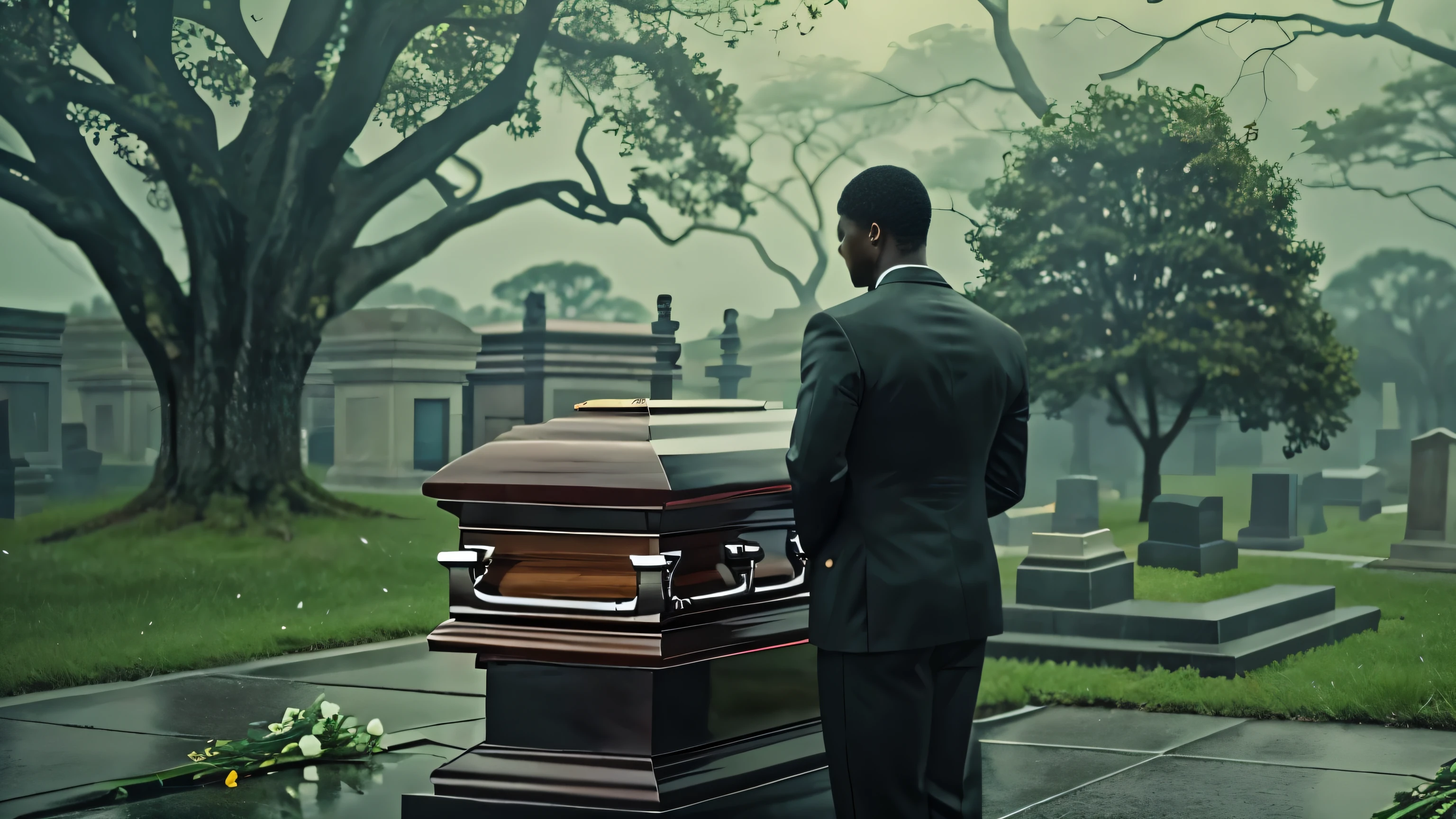 1970s, african-american funeral, rainy weather, cemetary, cinematic action, cinematic lighting, backlighting, masterpiece, anatomically correct, textured skin, super detail, 8k atmospheric perspective, depth of field,